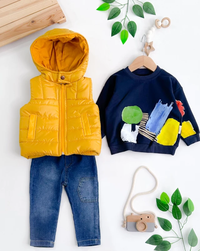 Harikalar diyarı çıtçıt detay kapüşon şişme yelekli mevsimlik 3lü takım 