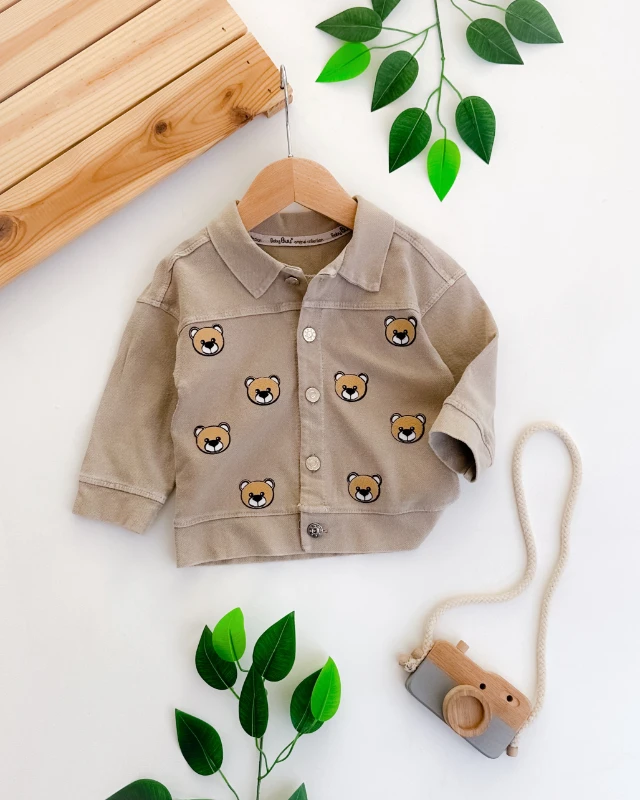 Minik ayıcık kafalar önden düğmeli örme kot kumaş ceket 