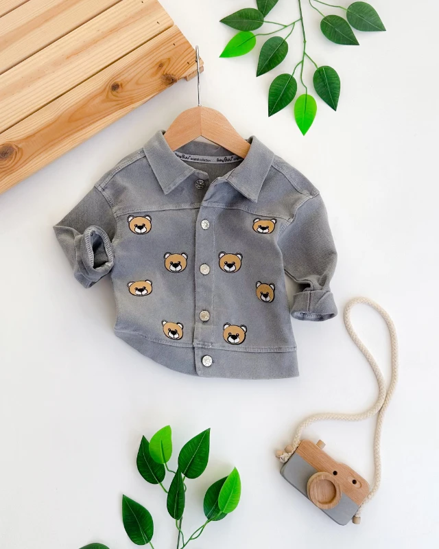 Minik ayıcık kafalar önden düğmeli örme kot kumaş ceket 