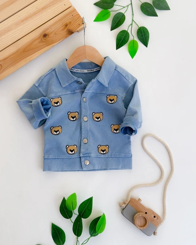 Minik ayıcık kafalar önden düğmeli örme kot kumaş ceket 