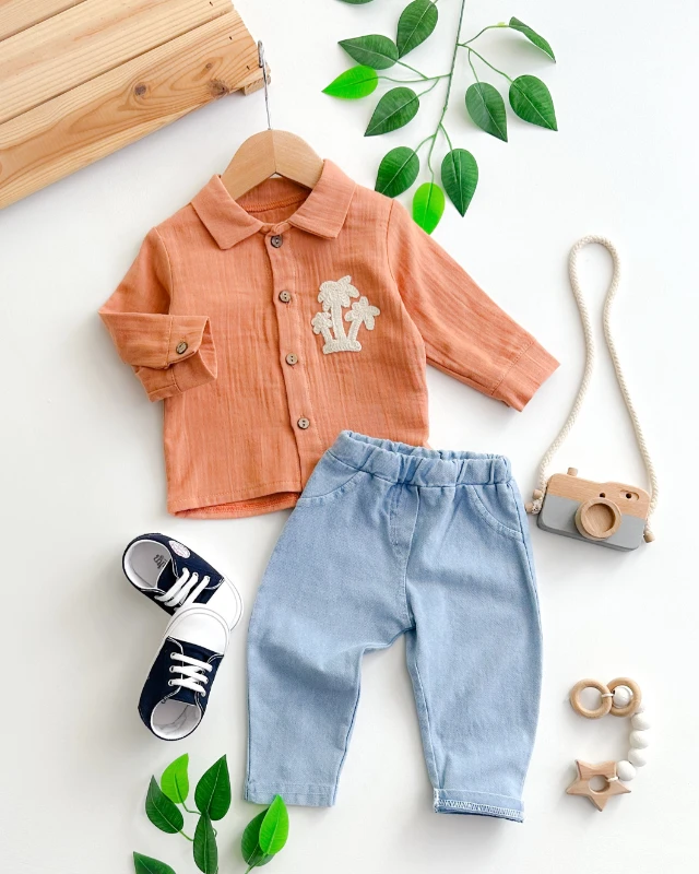 Palmiye detay muslin gömlekli örme kot pantolon mevsimlik 2li takım 