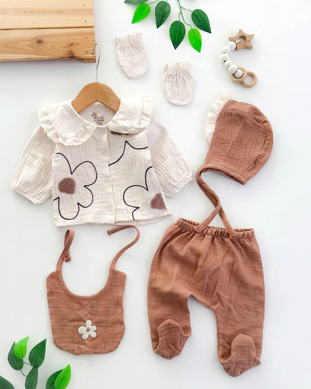 Punch papatya fisto yaka muslin yenidoğan 5li set 
