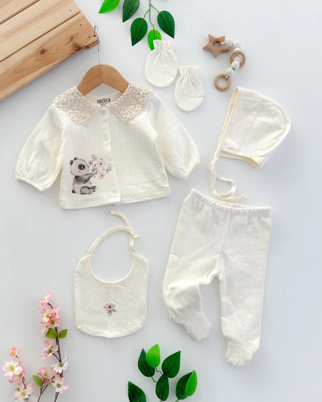 Baby panda oyma yaka detaylı mevsimlik yenidoğan 5li set 