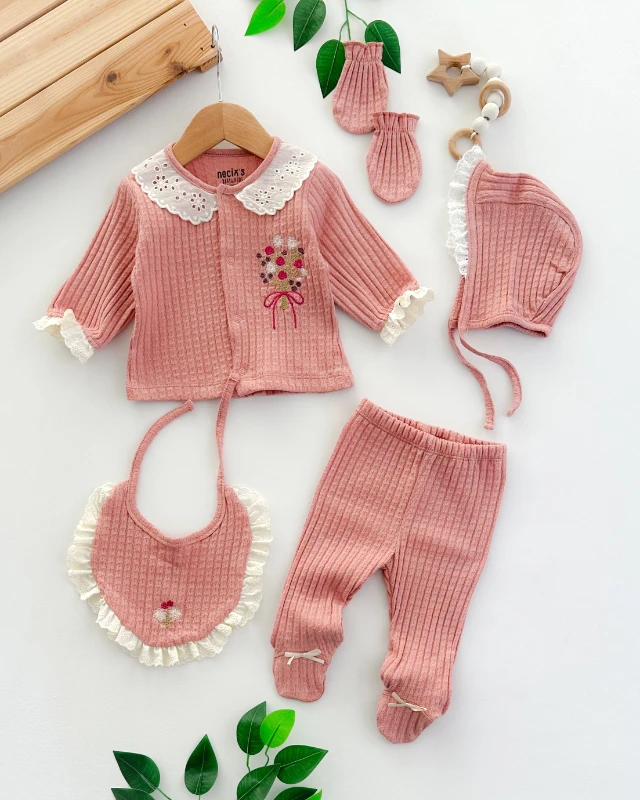 Renkli çiçek buketi fisto yakalı önden çıtçıtlı mevsimlik yenidoğan 5li set 