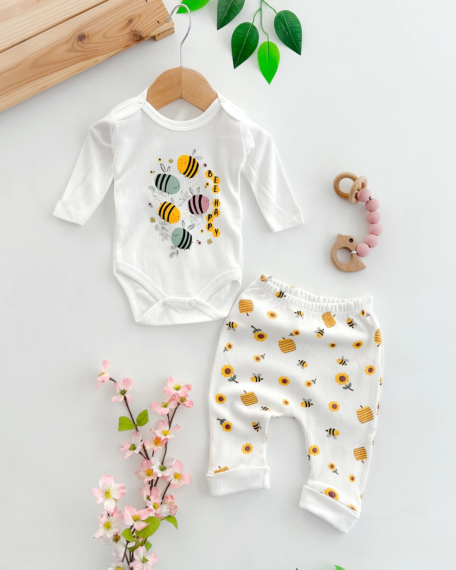 Bee happy omuzları çıtçıtlı fitilli kumaş mevsimlik 2li takım 