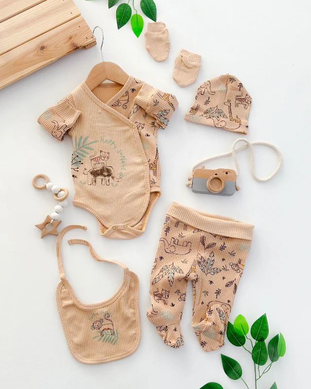 Happy jungle yandan çıtçıtlı fitilli kumaş mevsimlik yenidoğan 5li set 