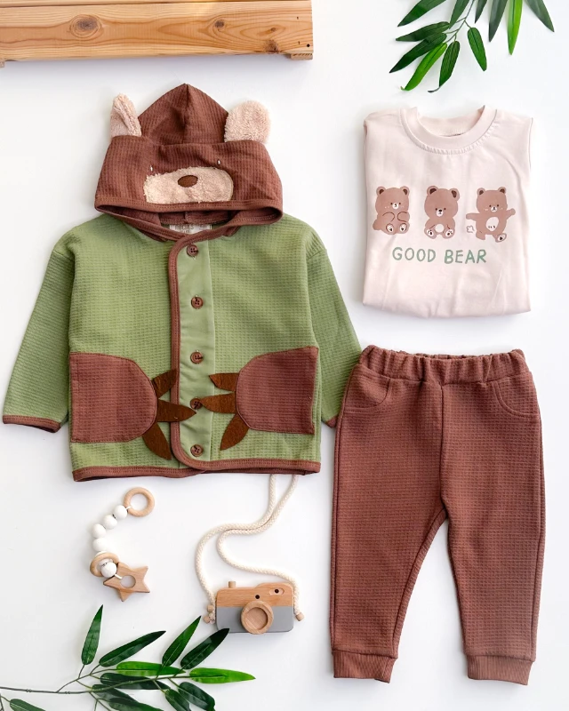 Ayıcık pençe detay kapüşon hırkalı waffle mevsimlik kumaş 3lü takım 