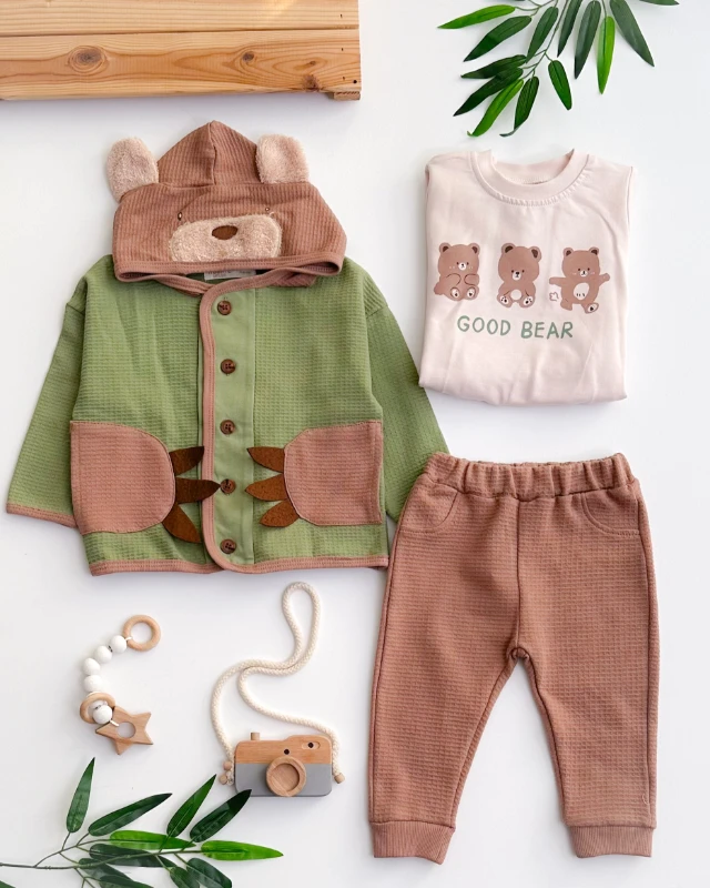 Ayıcık pençe detay kapüşon hırkalı waffle mevsimlik kumaş 3lü takım 