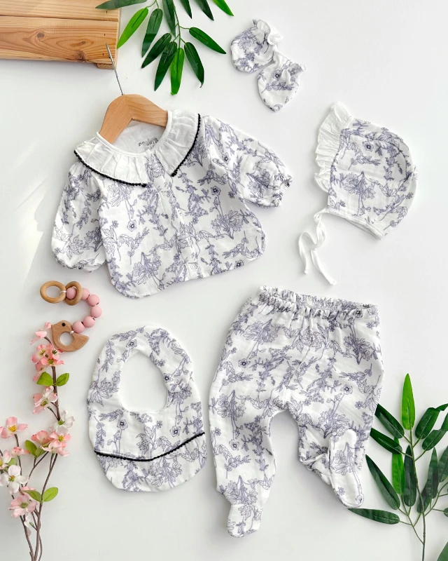 Çizim çiçekler minik fisto yaka detaylı muslin yenidoğan 5li set 