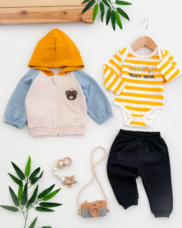 Colorful teddy bear kapüşon hırkalı mevsimlik 3lü takım 