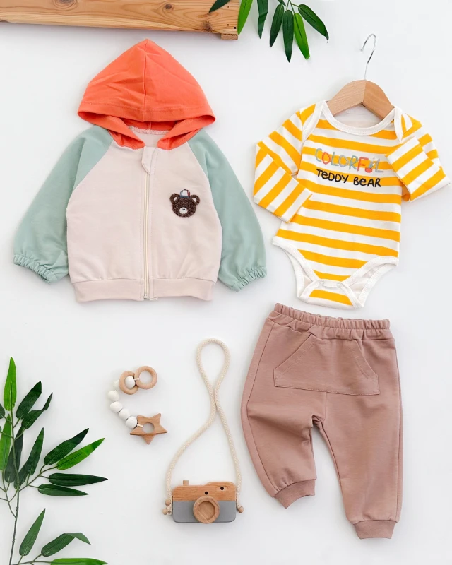 Colorful teddy bear kapüşon hırkalı mevsimlik 3lü takım 