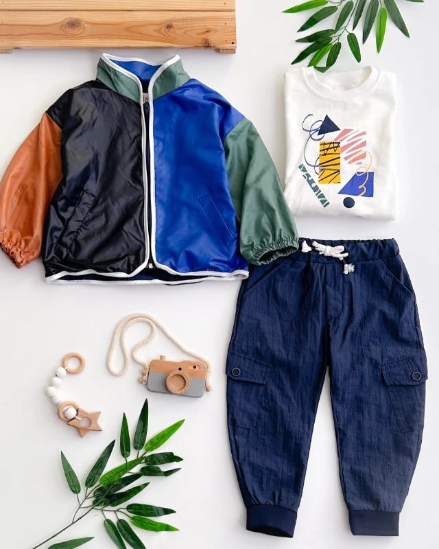 Renkli bloklar yağmurluklu paraşüt kumaş alt mevsimlik 3lü takım 