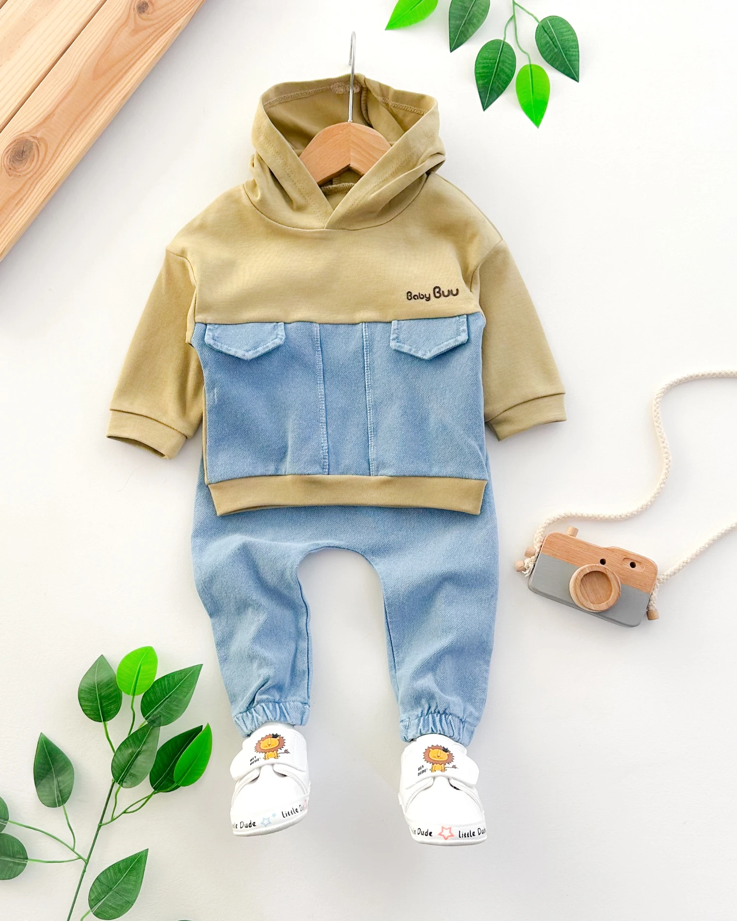 Tarz Kapşonlu sahte cepli kot detaylı likralı kot Mevsimlik 2li Bebe Takım 