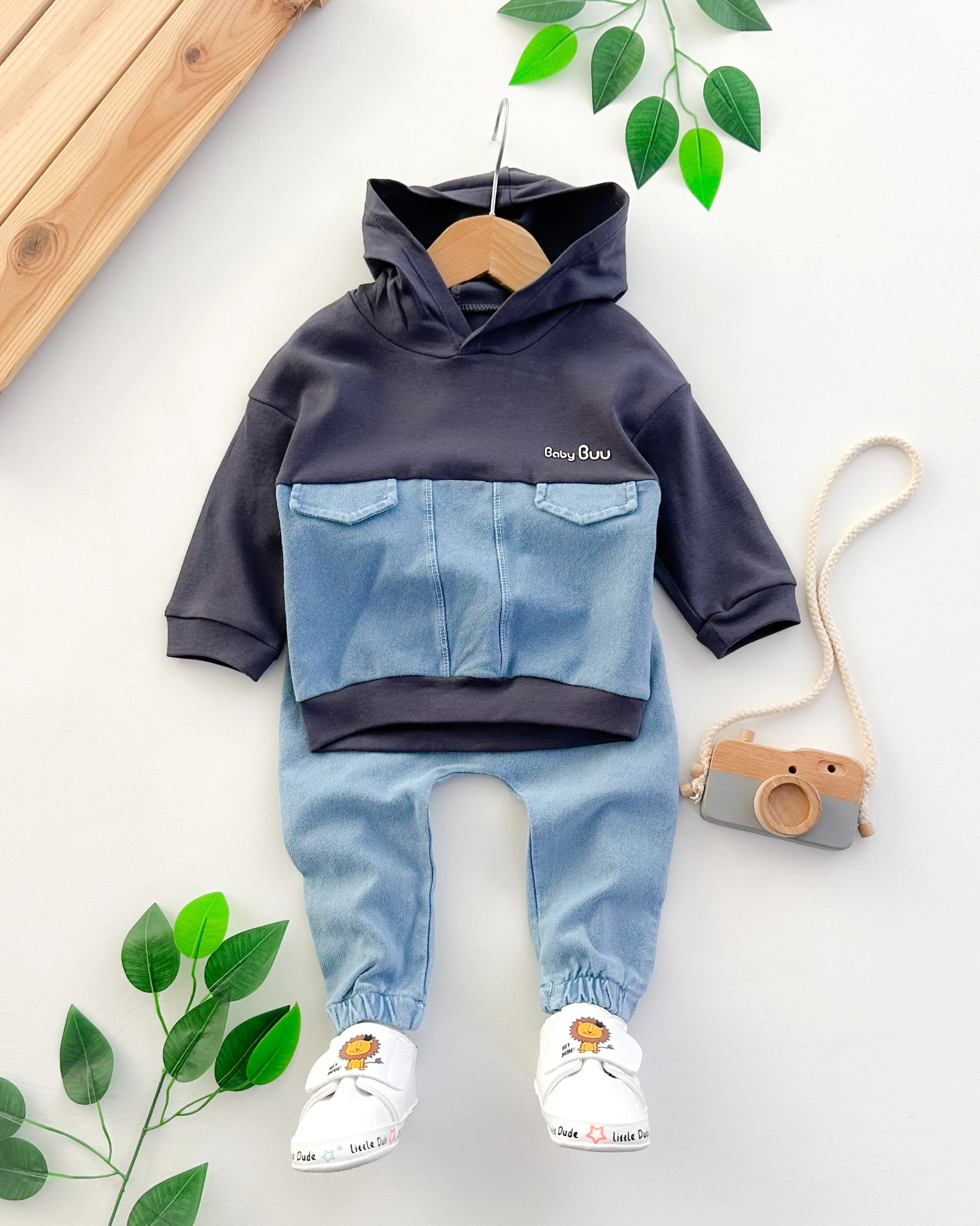 Tarz Kapşonlu sahte cepli kot detaylı likralı kot Mevsimlik 2li Bebe Takım 