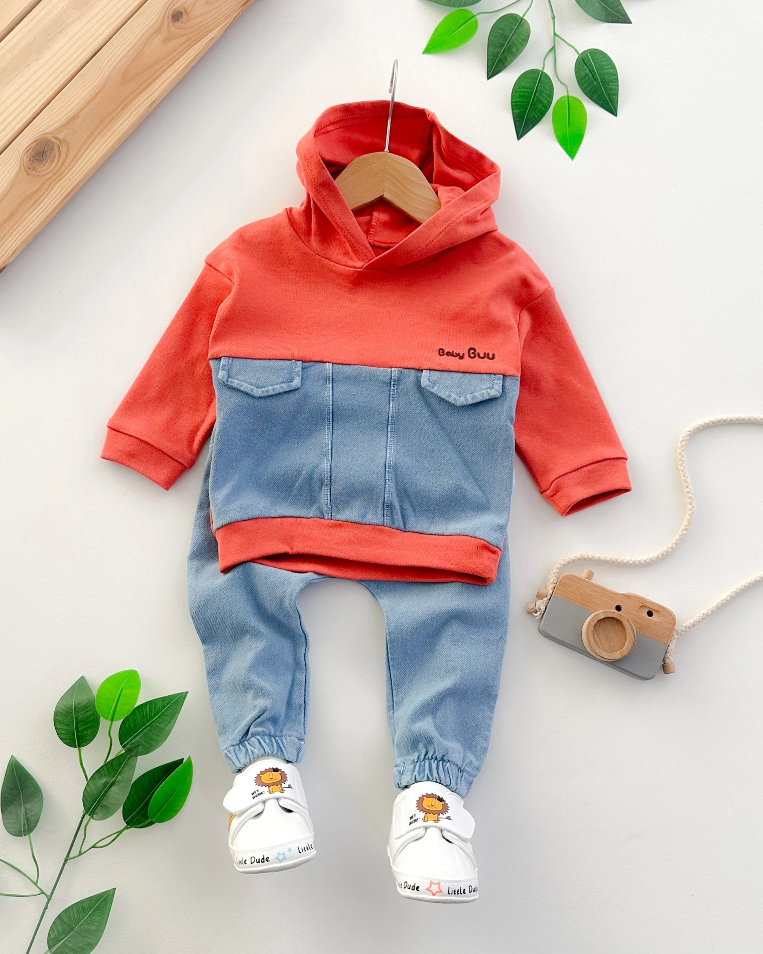 Tarz Kapşonlu sahte cepli kot detaylı likralı kot Mevsimlik 2li Bebe Takım 