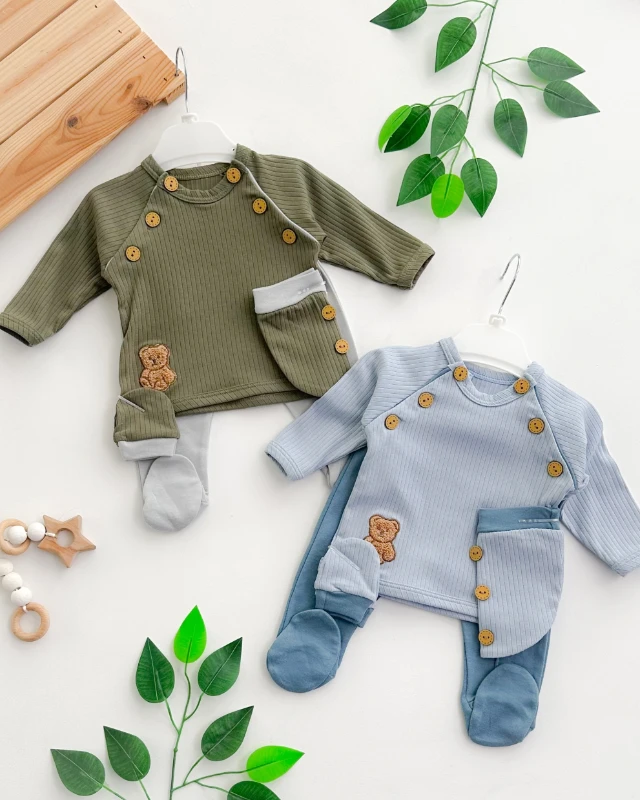 Minik peluş ayıcık detay yakası düğme detaylı mevsimlik yenidoğan 5li set 
