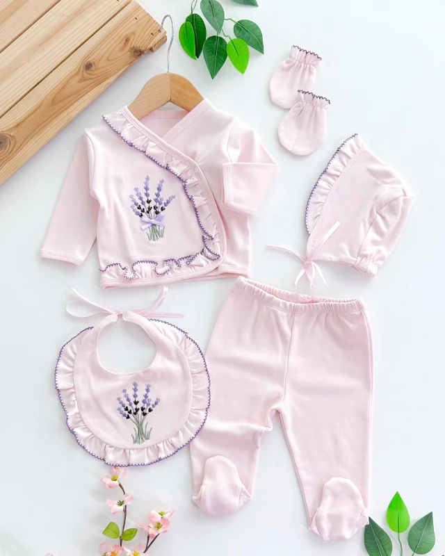 Lavanta demeti yandan fırfırlı mevsimlik yenidoğan 5li set 