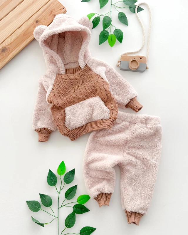 Kürklü ayıcık kapüşonlu triko  kışlık 2li takım 