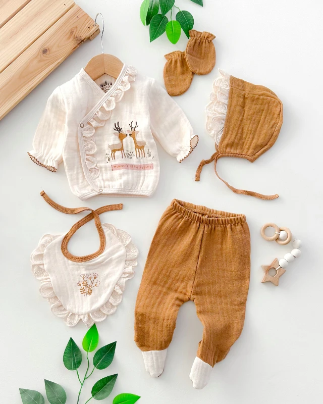 Mummys little helpers fisto detaylı yandan çıtçıtlı mevsimlik muslin yenidoğan 5li set 