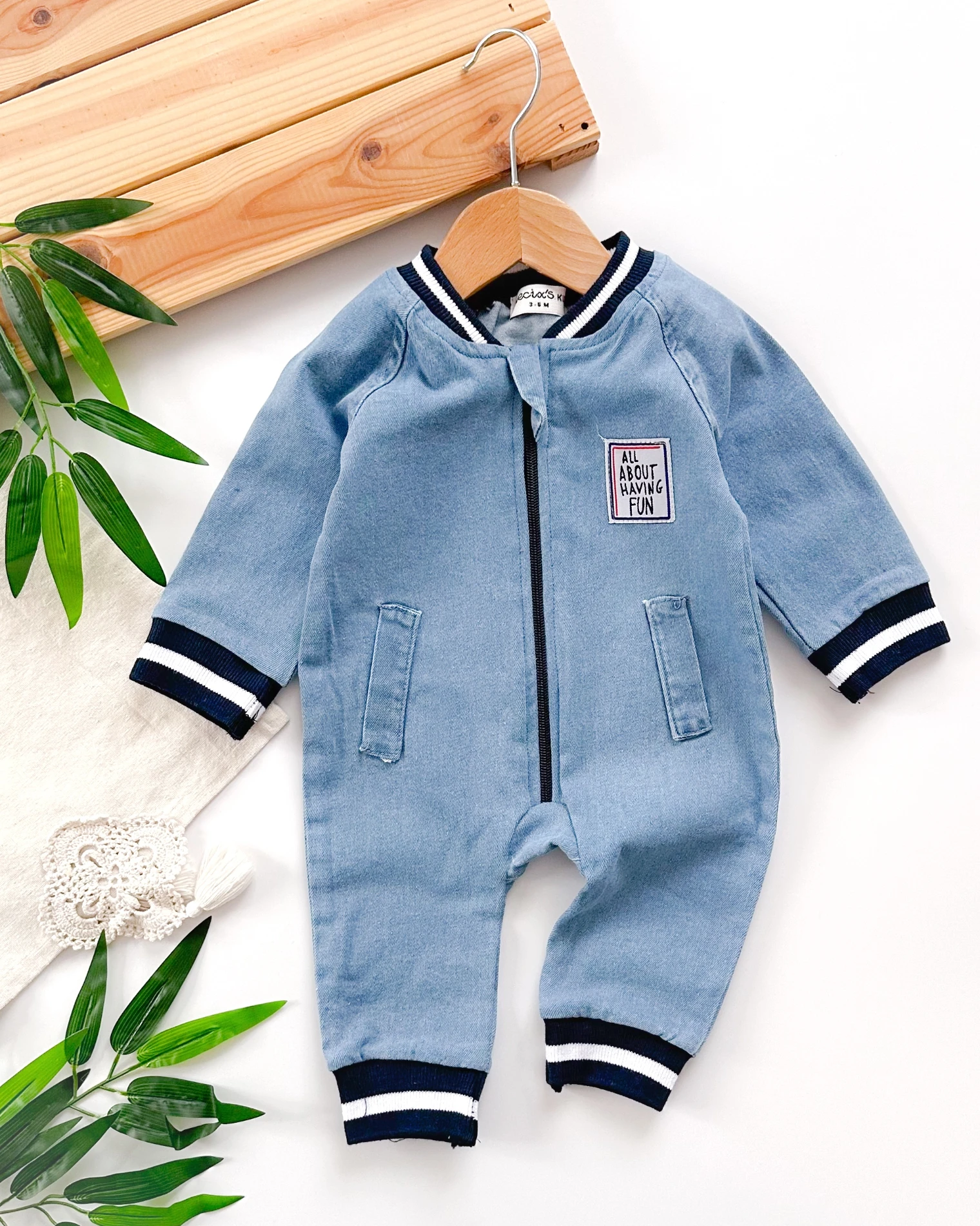 Having fun kolları ve yakası manşet detaylı önden fermuarlı mevsımlık kot tulum