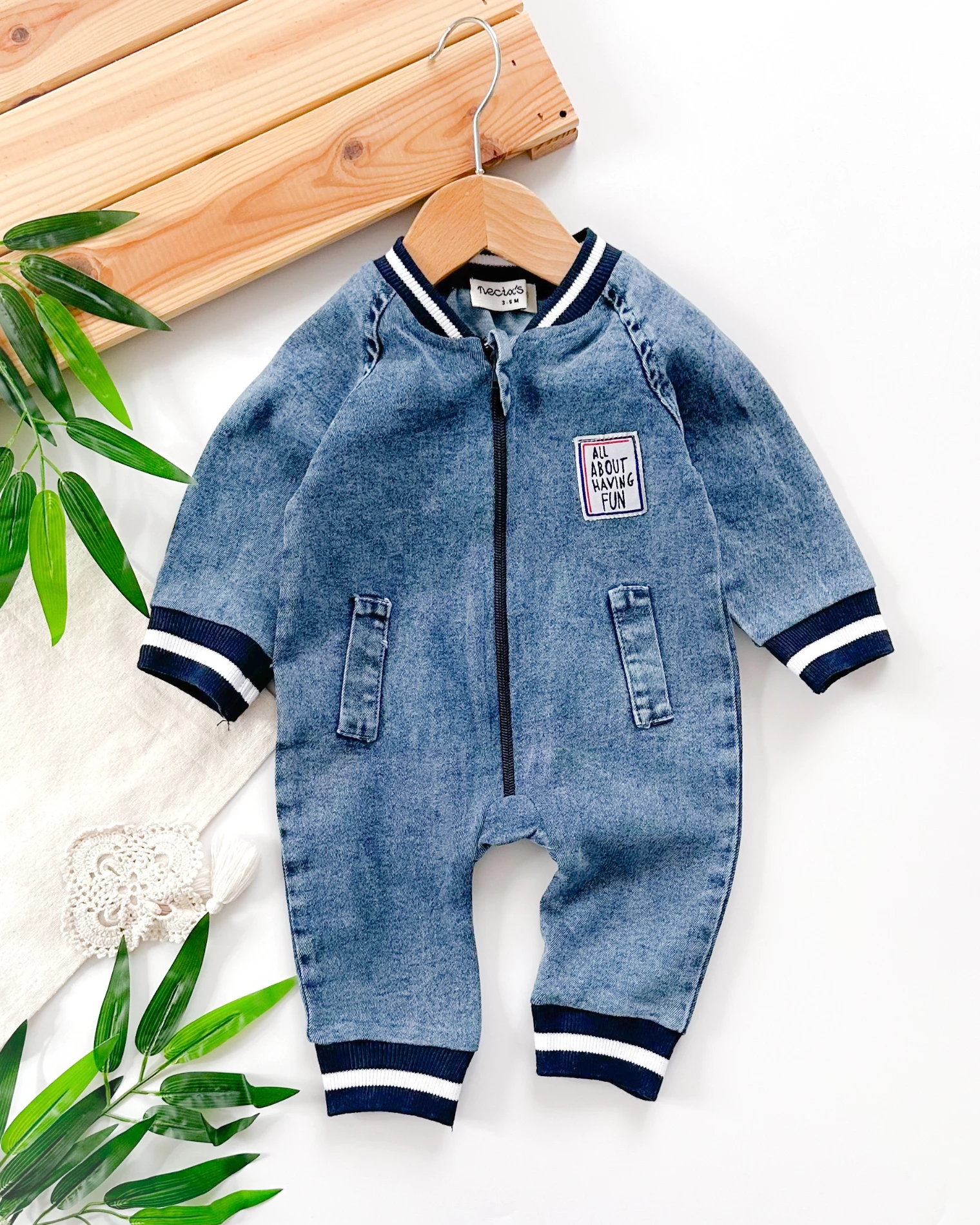 Having fun kolları ve yakası manşet detaylı önden fermuarlı mevsımlık kot tulum