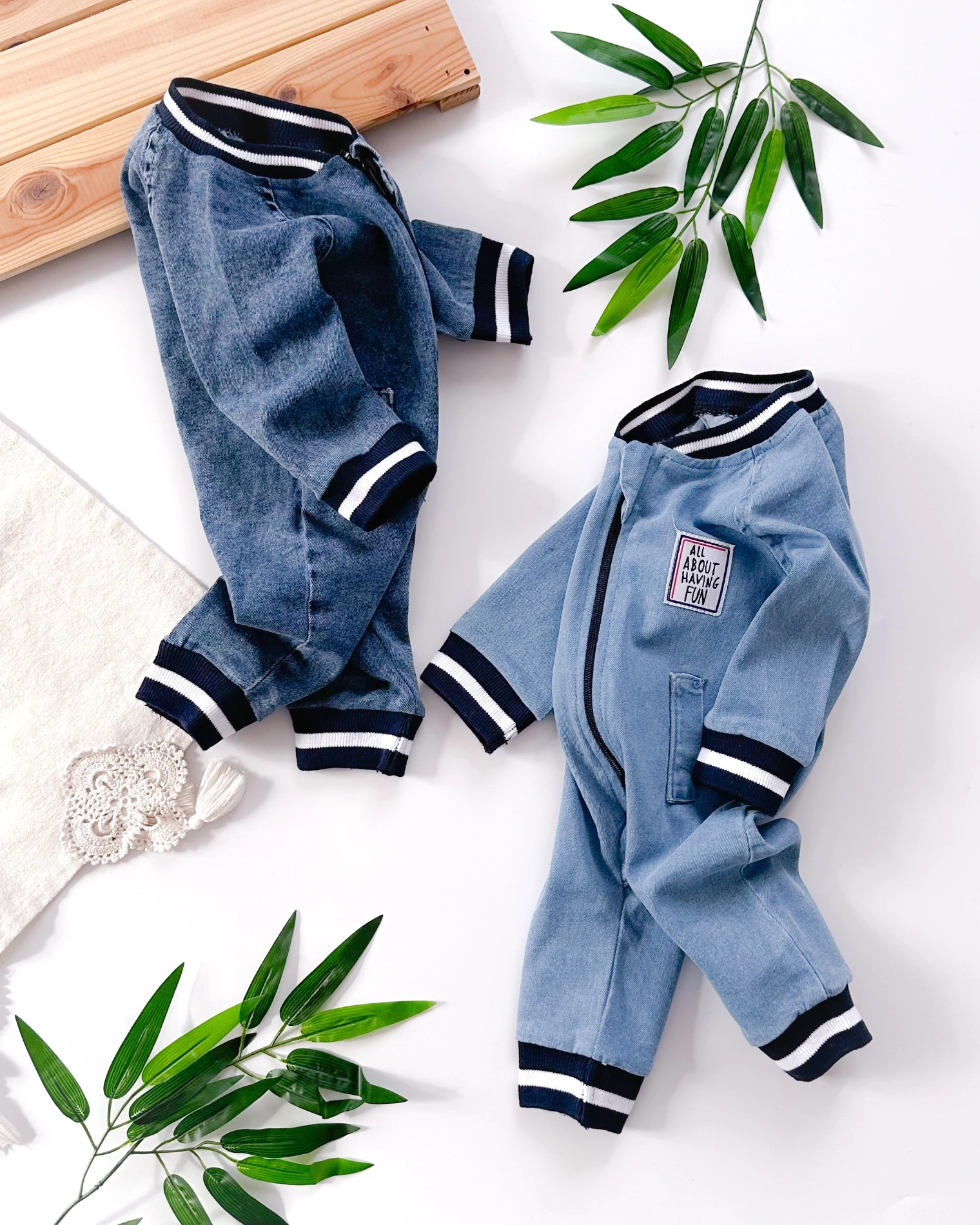 Having fun kolları ve yakası manşet detaylı önden fermuarlı mevsımlık kot tulum