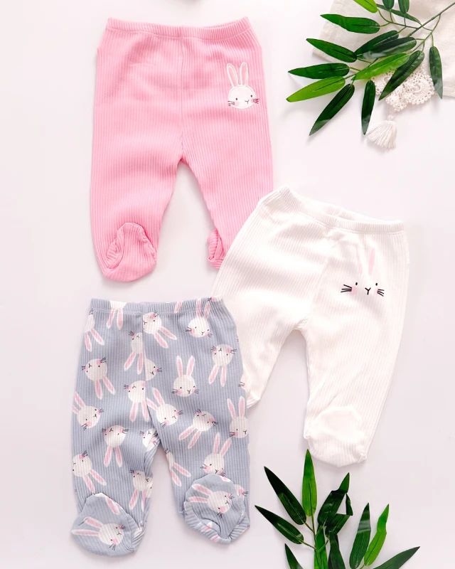 Tavşan desen fitilli mevsimlik kumaş ayaklı  3lü alt set