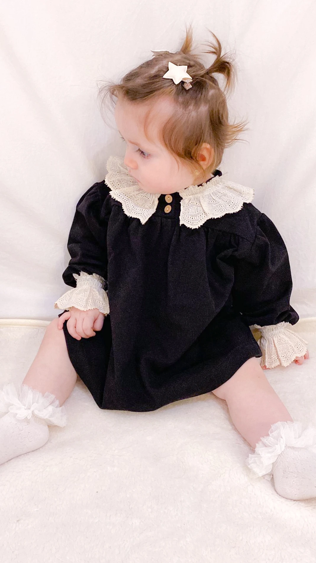 Vintage dantel kol ve yaka detaylı oversize mevsimlik elbise 