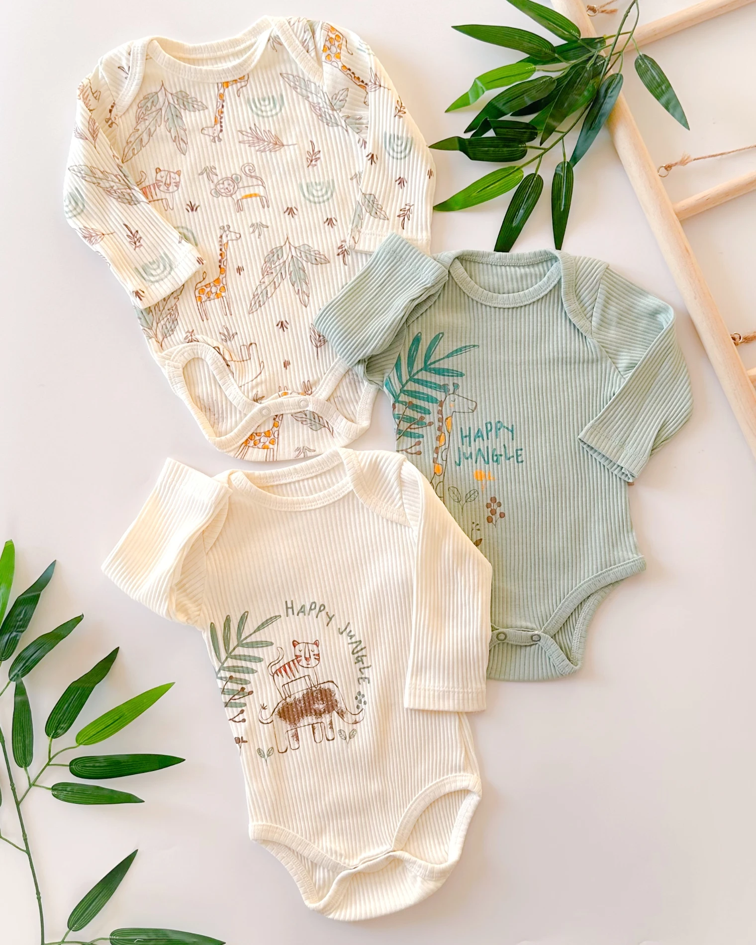 Happy jungle fitilli kumaş alttan çıtçıtlı mevsimlik 3lü badi set 