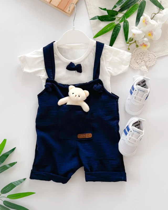 Çıkarılabilir oyuncak ayıcıklı papyonlu yazlık muslin 2li salopet set 