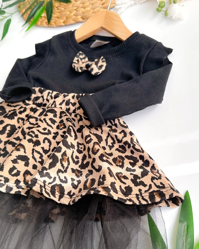 Tütü etek detaylı leopar fiyonklu mevsimlik bayramlık elbise 