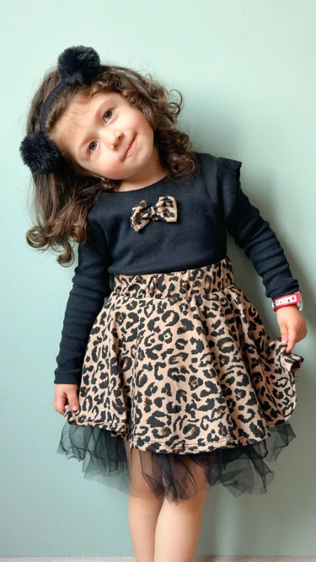 Tütü etek detaylı leopar fiyonklu mevsimlik bayramlık elbise 