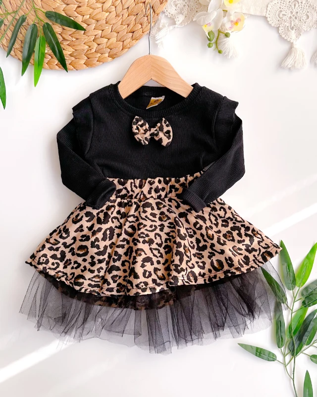 Tütü etek detaylı leopar fiyonklu mevsimlik bayramlık elbise 