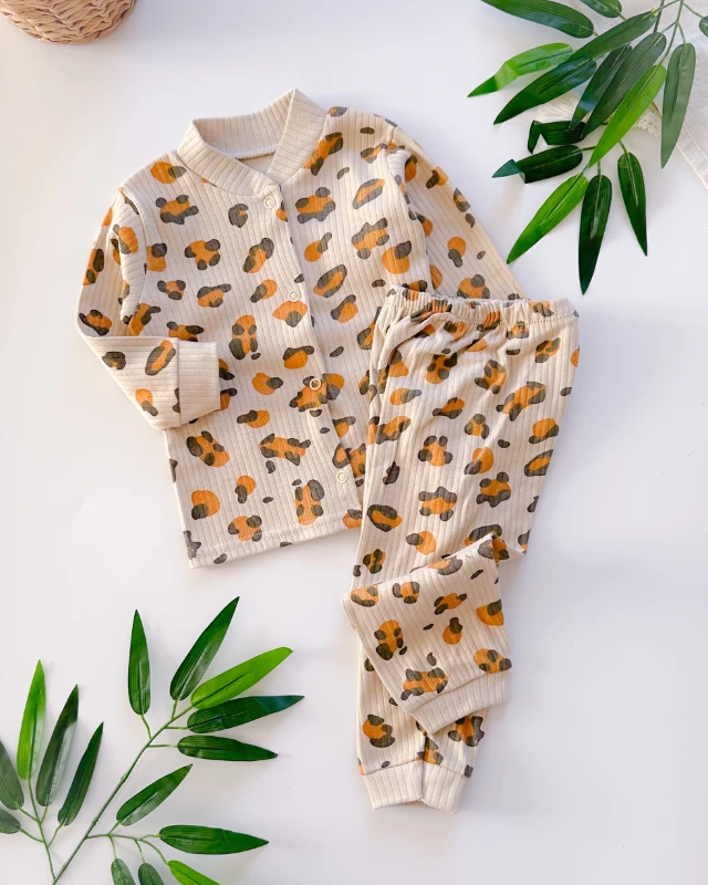 Leopar desen fitilli mevsimlik kumaş 2li pijama takım 