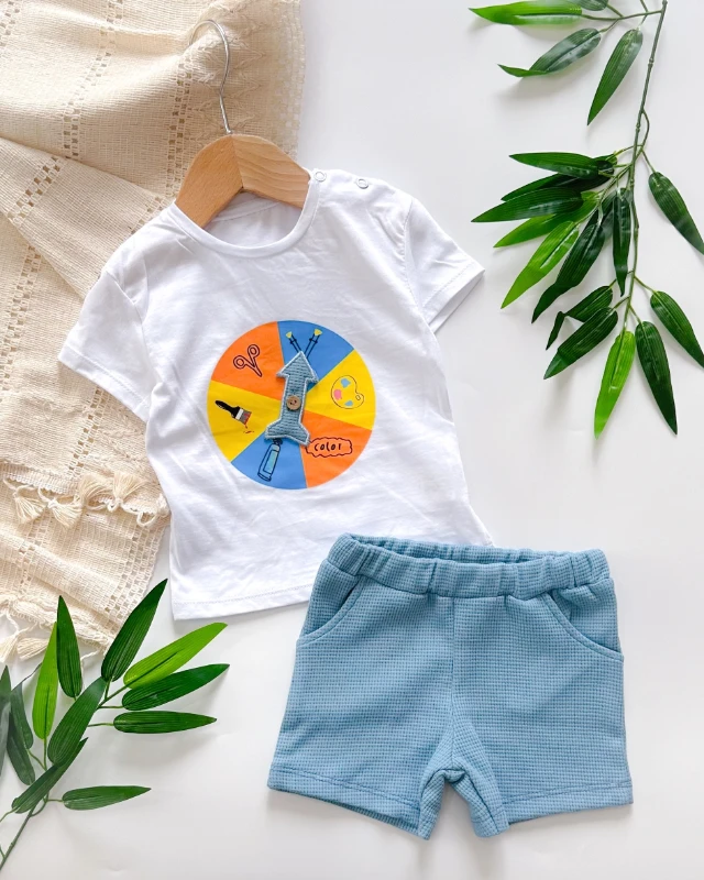 Renk çarkı omuzdan çıtçıtlı waffle kumaş yazlık 2li takım