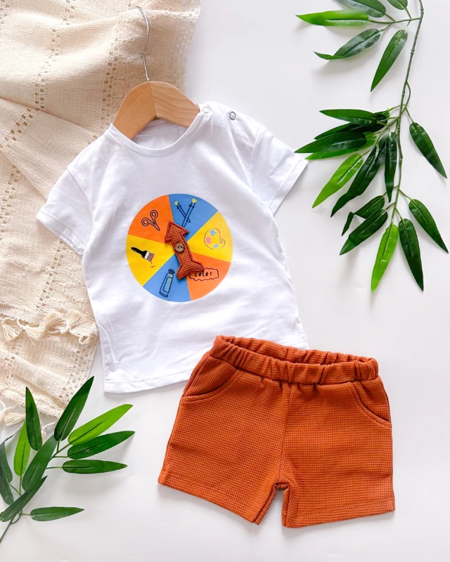 Renk çarkı omuzdan çıtçıtlı waffle kumaş yazlık 2li takım