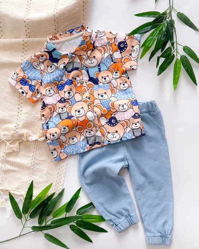 Teddy bear önden çıtçıt gömlekli örme kot pantolonlu yazlık 2li takım 