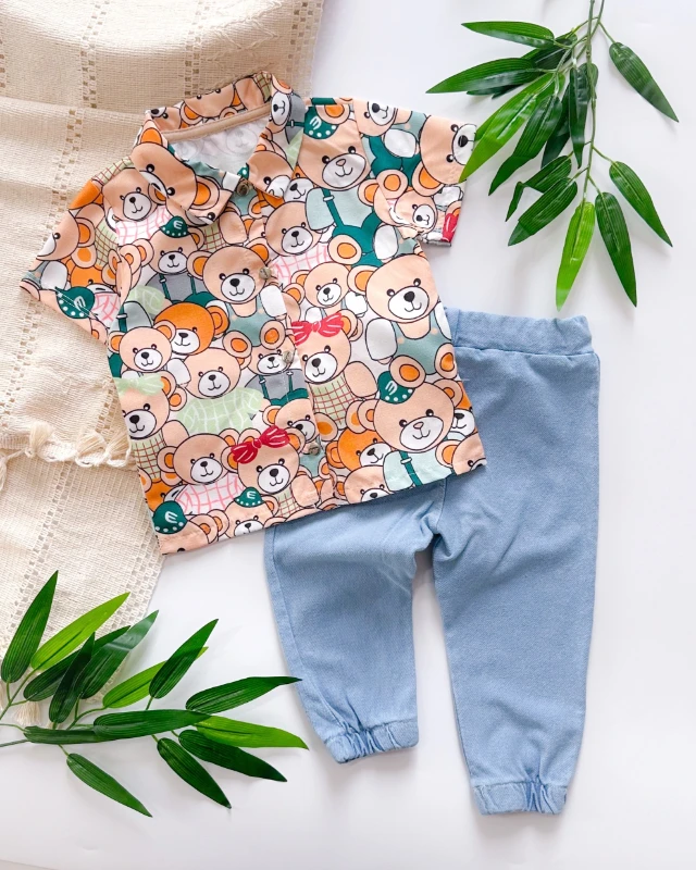 Teddy bear önden çıtçıt gömlekli örme kot pantolonlu yazlık 2li takım 