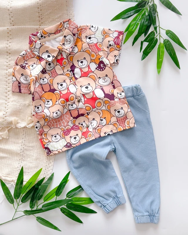 Teddy bear önden çıtçıt gömlekli örme kot pantolonlu yazlık 2li takım 