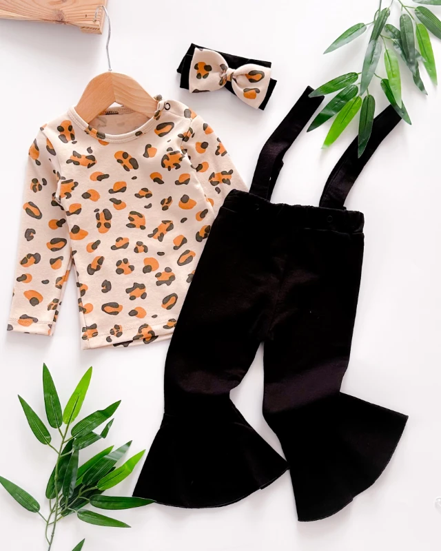 Leopar detaylı ispanyol paça salopet tayt mevsimlik 3lü set 