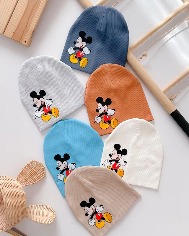 Heyecanlı Mickey ribana esnek kumaş mevsimlik bebek bere ( 0’24 ay uyumlu )