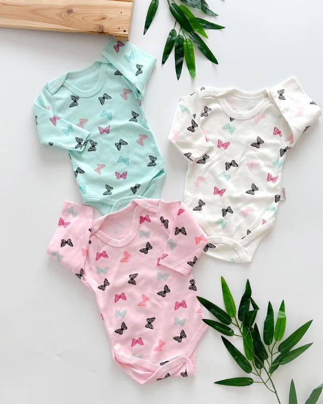 Renkli kelebekler uzun kollu omuzdan çıtçıtlı mevsimlik penye badi 