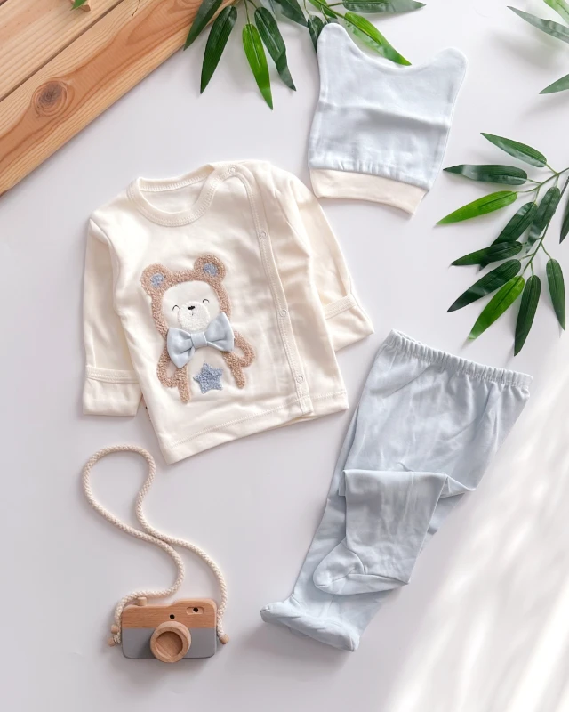 Papyonlu yıldız ayıcık yandan çıtçıtlı kendinden eldivenli yenidoğan 3lü takım 