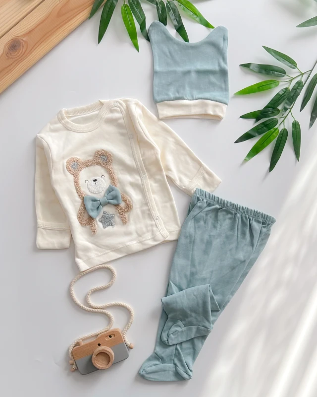 Papyonlu yıldız ayıcık yandan çıtçıtlı kendinden eldivenli yenidoğan 3lü takım 