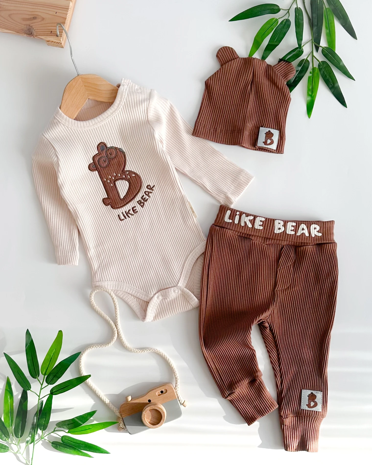 Like bear nakışlı şapkalı ribana kumaş mevsimlik 3lü takım 