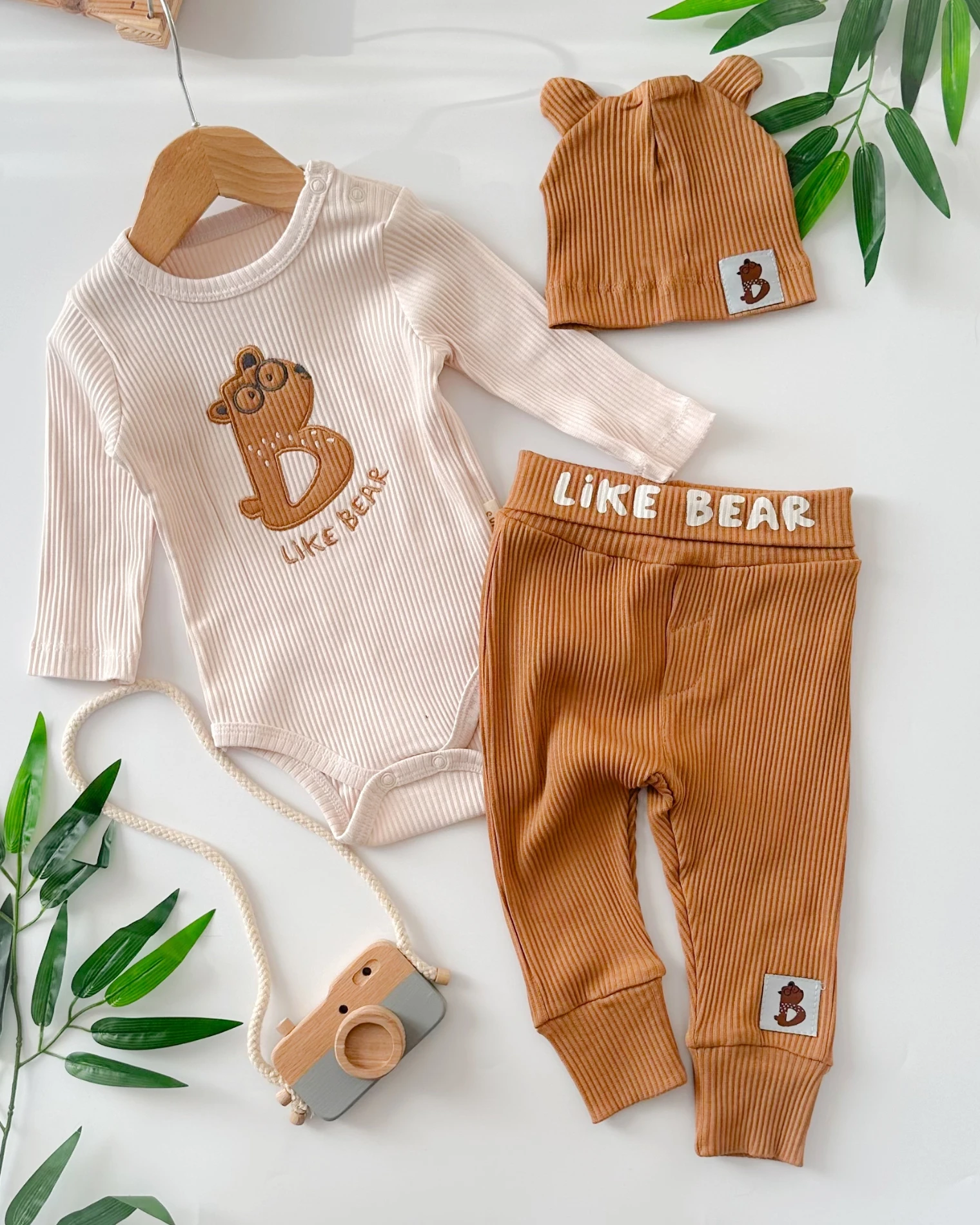 Like bear nakışlı şapkalı ribana kumaş mevsimlik 3lü takım  