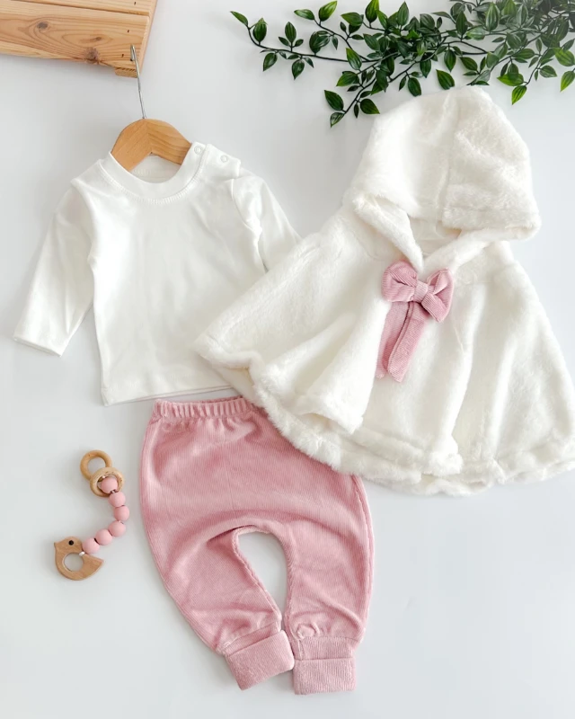 Fiyonk peluş pançolu kadife taytlı kışlık 3lü takım 