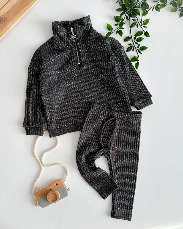 Papatya fermuar detaylı simli kumaş  kışlık triko 2li takım 