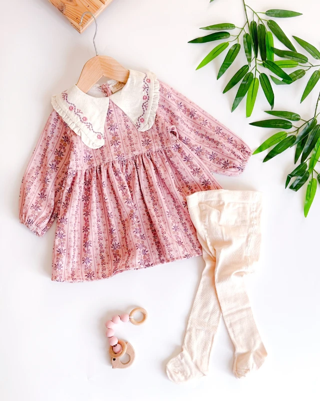 Etnik desen arkadan çıtçıtlı çoraplı mevsimlik bebe elbise 