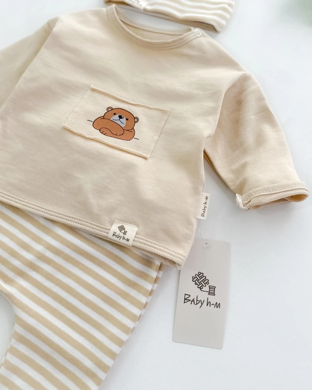 Ayıcık baskı detaylı çizgili tarz bereli mevsimlik 3 lü takım 